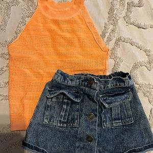 Coral shirt and jean skirt